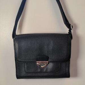 David Jones Crossbody Handbag Purse Black Silver Tone Hardware Floral Lining